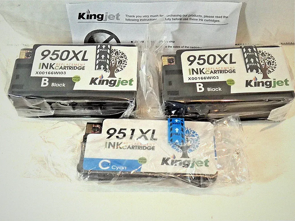 HP Compatible KingJet 3 Sealed Ink Cartridges Replacemnt 1Cyan(951XL)2Black(950)
